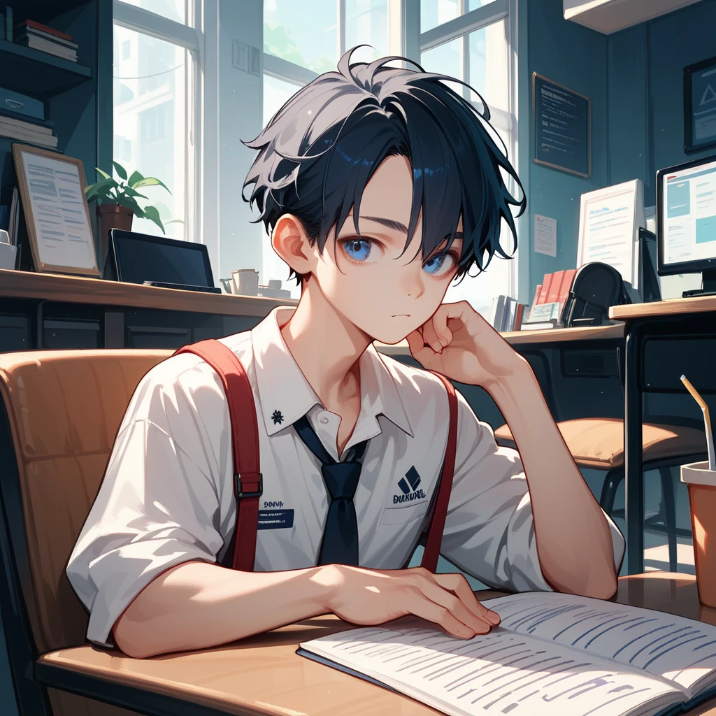 score_9, score_8_up, score_7_up,((8k)),1boy,university student,bad mood,black very short hair,Petite,dark blue eyes,(Forehead:0.8),Alone