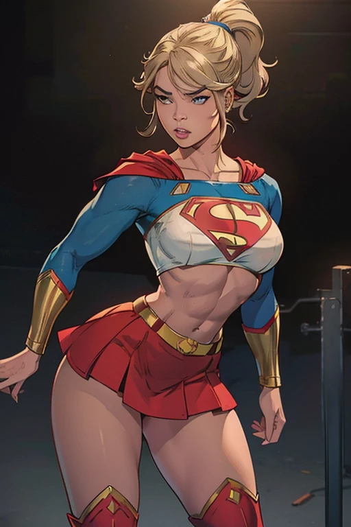 (Muscular:1.9), (thick thighs:1.8),
(blonde female), (supergirl:1.5), (big smile:1.7), (blunt bangs), (ponytail:0.8),
earrings, lipstick, eyeshadow,
(hard nipples), (small breasts:2),
(blue sleeveless tanktop, midriff, speedo, abs:1.9), (small cape:1.3), (choker:1.2), (active pose:1.5),
looking at viewer, three quarter view, (upper body view), sideboob,
(rooftop, skyline background:1.3), rim lighting, two tone lighting, dim lighting, bokeh, detailed skin, detailed eyes