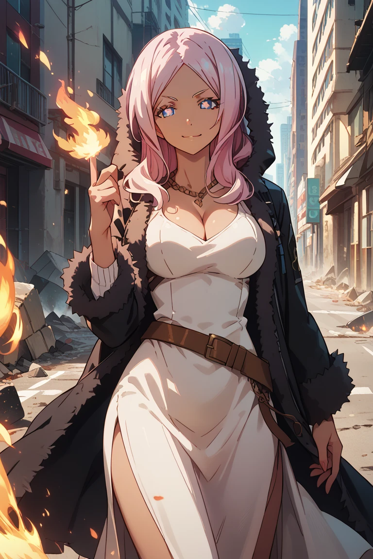 masterpiece, best quality, solo, 1girl, hib4na, dark-skinned female, smirk, looking at viewer, standing, pyrokinesis, hand up, fire, long hair, pink hair, blue eyes, symbol-shaped pupils, fur trim, black coat, fur-trimmed coat, hooded coat, hood down, open coat, long sleeves, white dress, brown belt, side slit, necklace, cleavage, large breasts, outdoors, day, city street, debris, rubble