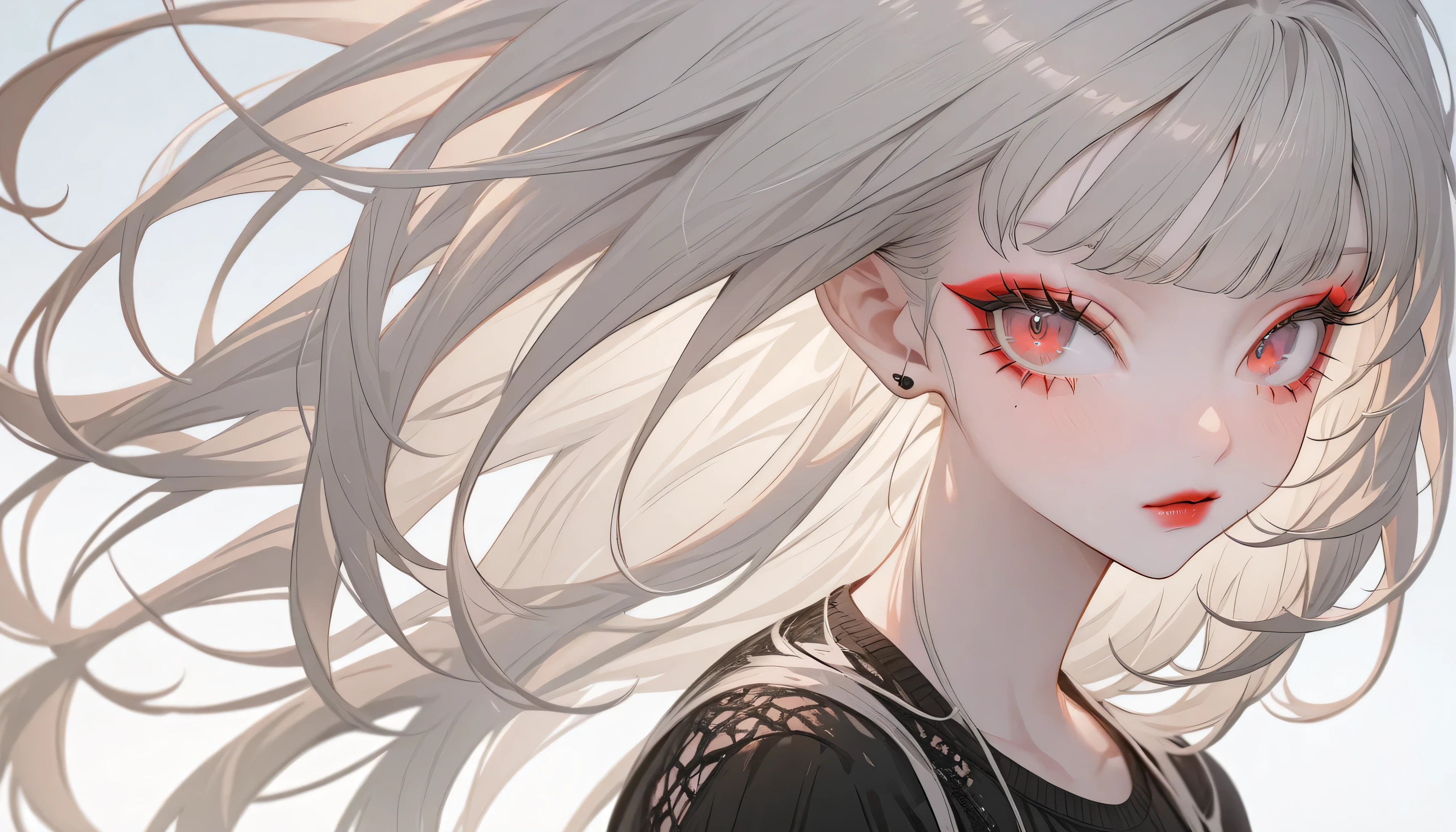 (Highest quality,Very detailed,High resolution:1.2),Albino beauty,Heavy bangs,Red Eyes,Long eyelashes, Casual clothing,Cool look, Exquisite makeup,