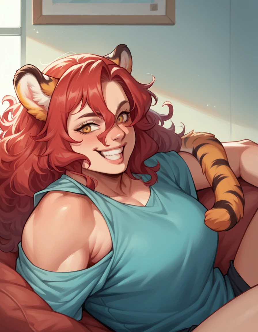 zPDXL, source_cartoon, 1girl, with thick, loose, flowing, long curly red hair, confident, kind, affectionate golden eyes, big smile that shows her teeth, trans woman's body, muscular effeminate body, has tiger ears on top of her head and a lively, agitated tiger tail. She wears biker-style clothes in earthy tones and is sitting on a comfortable sofa, we are in a cozy and quiet room.