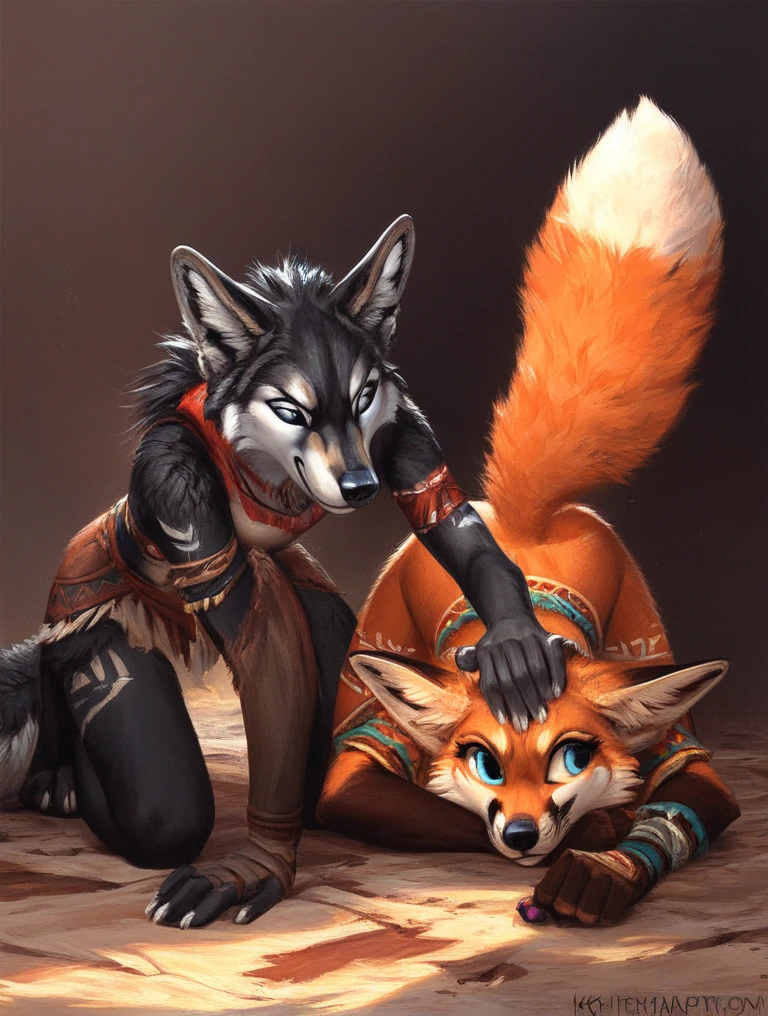 score_9, score_8_up, score_7_up, source_furry, rating_safe, by kenket, anthro, duo, female/female, wolf, disappointment, doggy style, frustration, distress, fullbody portrait, silver toes, black feet, black body, blue eyes, fox, orange body, tribal
