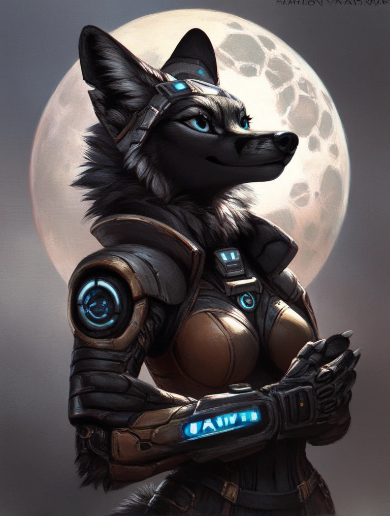 score_9, score_8_up, score_7_up, source_furry, rating_safe, by kenket, anthro, solo, female, wolf, fullbody portrait, silver toes, black feet, black body, blue eyes, fox, future, sci fi
