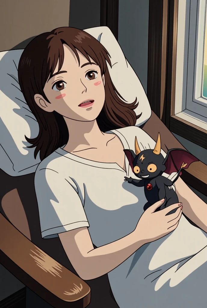 A woman dozing off on the sofa, a cute little demon sitting on her chest and waving with a smile, cute dream-like illustration art, ultra detailed, absolutely resolution, masterpiece