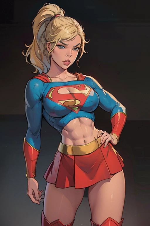 a beautiful comic book illustration of Supergirl from DC Comics, drawn by artist Jim Lee, Artgerm, (edge lighting:1.1), long hair, an extremely beautiful, high resolution portrait photo of the super heroine Supergirl, (skintight:1.1), crop top, (bare midriff:1.1), miniskirt, muscular, sixpack abs, detailed eyes, (cowboy shot:1.1), cleavage, slender, ultra highres, 4k high resolution, posing