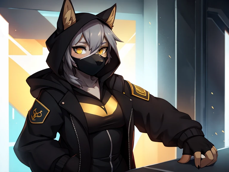 женщина anthro furry wolf ,absurdity,  High definition,  ultra-detailed, 1 girl,oversized jacket with hood,whole body,  original character,girl, grey hair, yellow eyes ,shoulder length hair,  complex black mask, military general, { better quality }}, {{ masterpiece fails}}, {{ ultra-detailed}}, {illustration}, {Detailed light}, Nuclear fusion