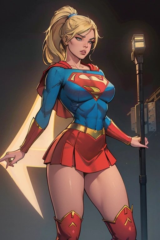 jim lee,
1girl, arm support, bangs, belt, blue eyes, blue skirt, blush, blonde hair, breasts, building, cape, cityscape, closed mouth, crop top, cropped shirt, day, feet out of frame, floating hair, from below, legs together, long hair, long sleeves, looking at viewer, medium breasts, midriff, navel, outdoors, pink lips, pleated skirt, red cape, sitting, skirt, skyscraper, solo, sunset, superhero, yellow sky
, ((masterpiece))