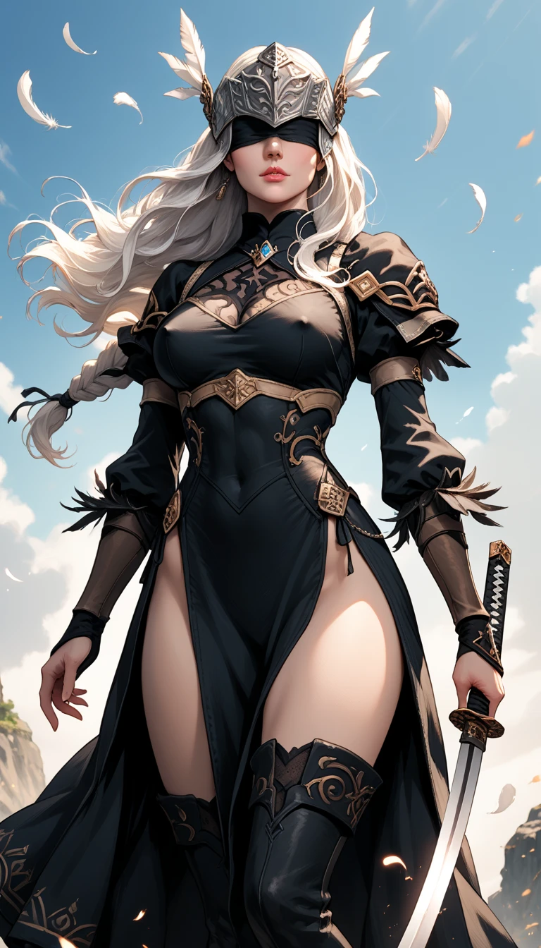 Score_9, score_8_up, score_7_up, source_real, photorealistic;; VPLenneth, 1woman, dynamic expression, long hair, braid, white hair, black blindfold over eyes, erect nipples, armor, helmet, pelvic curtain, feathers, black dress, feather-trimmed sleeves, stiletto thigh boots, lace trim, long sleeves, holding massive katanas, 2b_outfit;; swinging katana, dynamic action poses