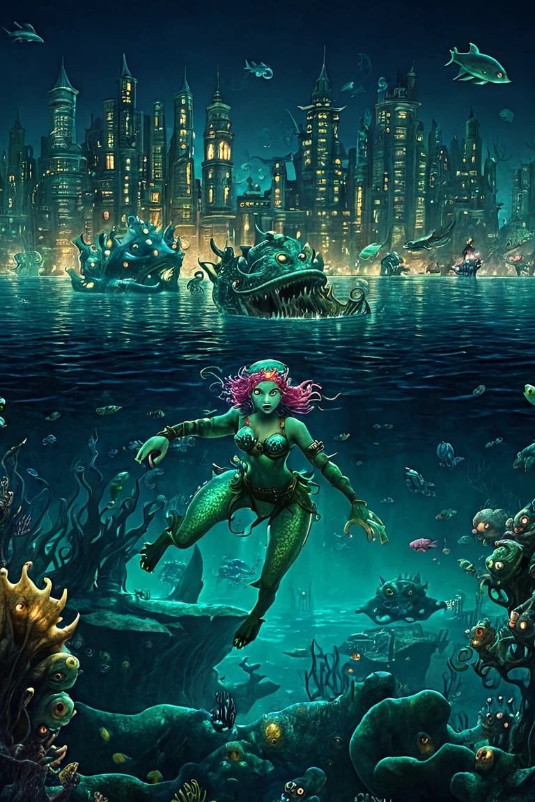  seabed with mermaid monsters , prowling a submerged city , with a scared diver swimming away from those creatures