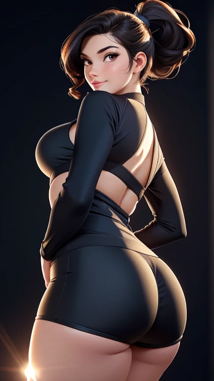cartoon of a woman with bright orange hair and a blue shirt, (green eyes), heavy gesture style closeup, close up half body shot, character art closeup, shapely derriere, intriguing details, middle shot waist up, toned derriere, full body details, close up to a skinny, thighs close up, bottom body close up, ( ( extreme detail ) ), ( ( dark-skinned_female ) ), ( ( very dark skin ) ), younger woman, cowboy shot, (((accurate anatomy))), UHD, (((masterpiece))), (((((solo))))), looking back