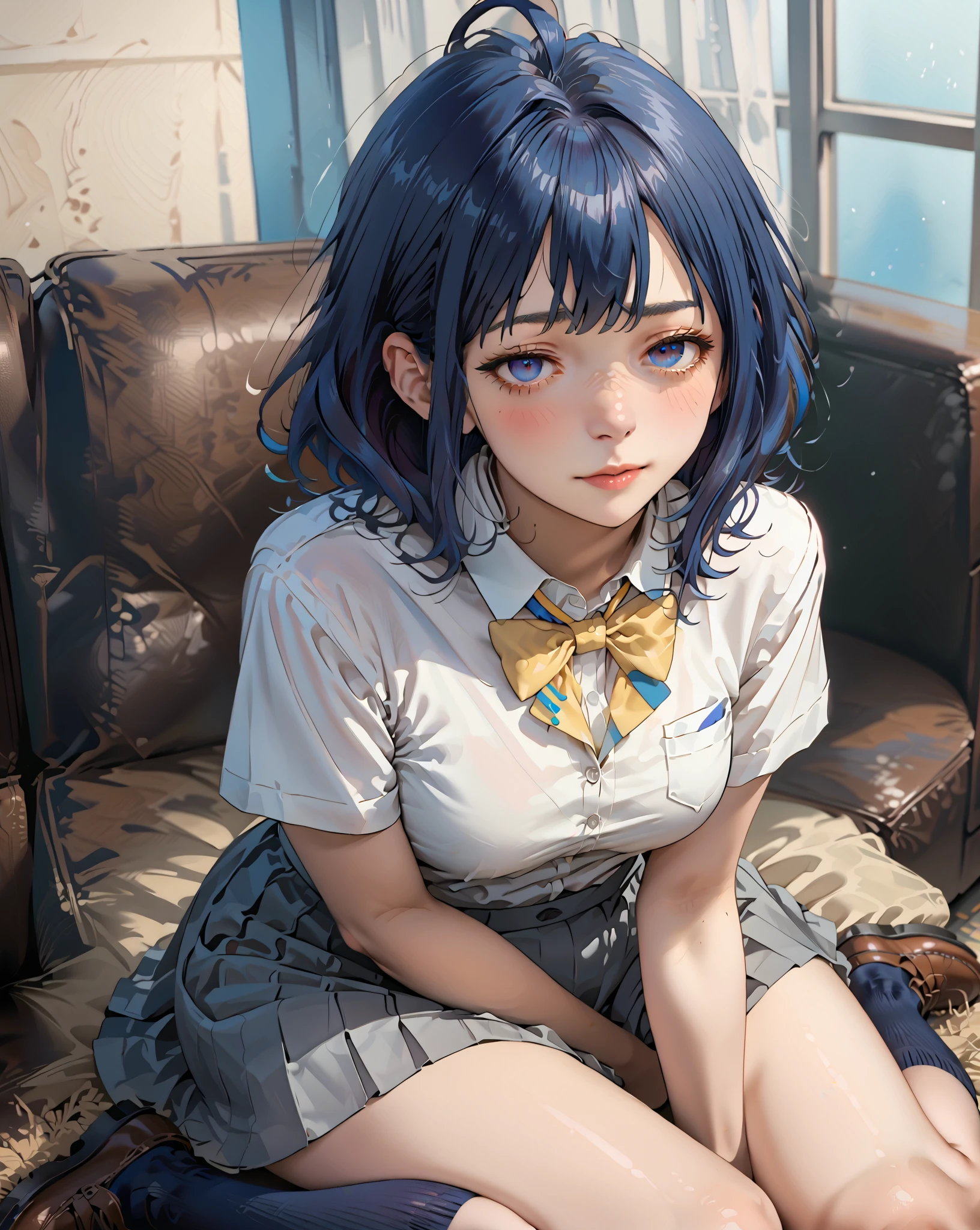 ntr_face, anna yanami, blue hair, medium hair, ahoge, blue eyes, school uniform, white collared shirt, short sleeves, blue bowtie, yellow bowtie, grey pleated skirt, blue kneehighs, brown footwear, sitting on a couch,