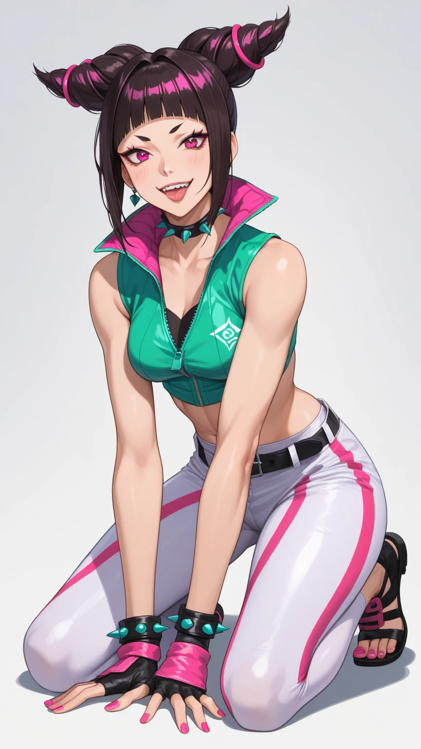 Juri on all fours, now wears a tiny, sleeveless, cropped top in white with pink trim and a green zipper on the back. Black body tapes are threaded under the top, creating a spider pattern that extends down her torso and crotch. For the bottom, she chooses unconventional black baggy pants with pink and neon teal trim and a distinctive large crotch cutout that reveals her white tights underneath. The pants also have green zippers on the medial side of the legs. her right eye remains purple, but her left eye is green Juri's accessories include multi color black with pink fingerless gloves and ankle cuffs, all with thick pink padding. Four black bracelets with neon teal spikes adorn her wrists and ankles, with a matching spiked choker around her neck. Loosely wrapped around her waist is an extra-long black belt with pink trim and a Taiji motif on the buckle. She also wears Tae Kwon Do foot garments. Her fingernails and toenails are painted neon teal. (Masterpiece high quality)