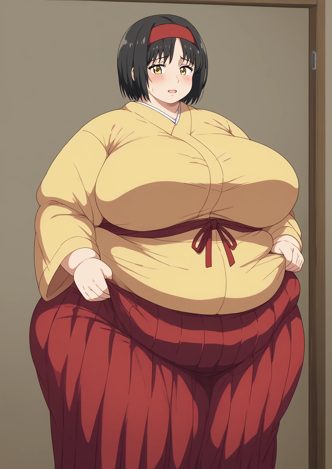 Erika, Erica,    yellow eyes  ,  Black Hair,  red headband,   Shorthair,  yellow kimono, Boobs are not exposed,   Long Sleeve  ,  red hakama, score_9,   score_8_ up,   score_7_ up,   score_6_ up,   score_5_ up,   score_4_ up,     masterpiece   ,   top quality,     very aesthetic  ,    absurd,    Source_Anime, Anime screencap,    one woman , Alone,   personal   ,  Super huge breasts, (((S uper huge クレビス, Super huge , Super huge boob))), Curvy,   in her 20s,  Mature Woman,   obese , ,  troubled expression, ssbbw,  embarrassing expression , Japanese-style room, Hunger, sighing ,Eating dumplings