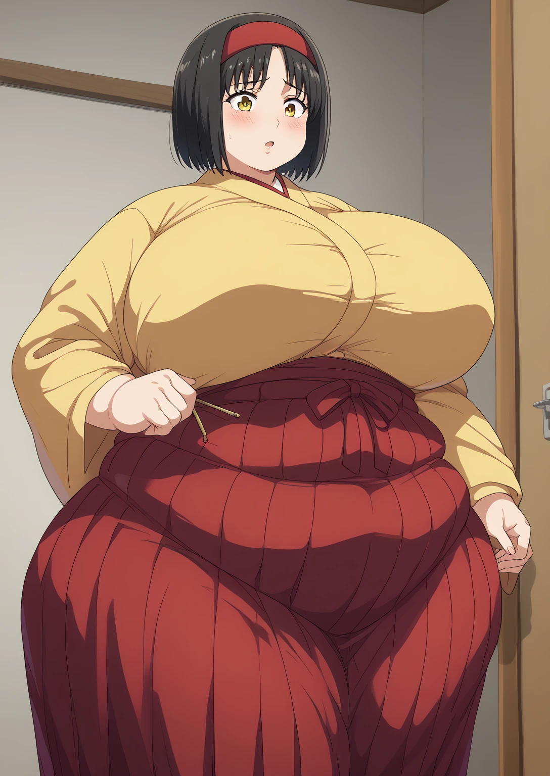 Erika, Erica,    yellow eyes  ,  Black Hair,  red headband,   Shorthair,  yellow kimono, Boobs are not exposed,   Long Sleeve  ,  red hakama, score_9,   score_8_ up,   score_7_ up,   score_6_ up,   score_5_ up,   score_4_ up,     masterpiece   ,   top quality,     very aesthetic  ,    absurd,    Source_Anime, Anime screencap,    one woman , Alone,   personal   ,  Super huge breasts, (((S uper huge クレビス, Super huge , Super huge boob))), Curvy,   in her 20s,  Mature Woman,   obese , ,  troubled expression, ssbbw,  embarrassing expression , Japanese-style room, Hunger, sighing 