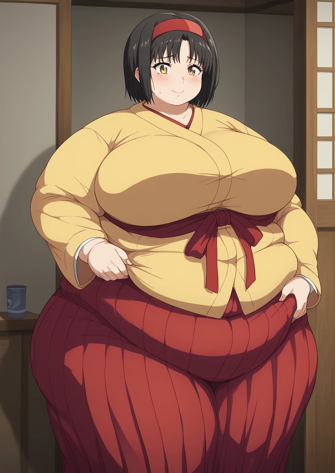 Erika, Erica,    yellow eyes  ,  Black Hair,  red headband,   Shorthair,  yellow kimono, Boobs are not exposed,   Long Sleeve  ,  red hakama, score_9,   score_8_ up,   score_7_ up,   score_6_ up,   score_5_ up,   score_4_ up,     masterpiece   ,   top quality,     very aesthetic  ,    absurd,    Source_Anime, Anime screencap,    one woman , Alone,   personal   ,  Super huge breasts, (((S uper huge クレビス, Super huge , Super huge boob))), Curvy,   in her 20s,  Mature Woman,   obese , ,  troubled expression, ssbbw,  embarrassing expression , Japanese-style room, Hunger, sighing 