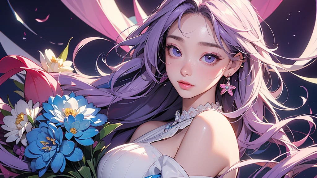 The colors in this image are soft and draw inspiration from gentle watercolors and should be (primarily pink and purple). Generate a delicate and tranquil flower maiden with soft hair dancing in the wind and intricately braided. Her sweet, gentle face has puffy, big lips and stunning, highly realistic eyes. She has beautiful eyes, hires eyes, 8k eyes, beautiful detail eyes, beautiful detailed eyes, realistically shaded eyes, and realistic eyes in vibrant colors. ((She is wearing a delicate wedding dress of gossamer silk and satin.)) She is surrounded by ethereal flowers of varying sizes and colors. The background is wild and unruly, with delicate flowers dancing in the wind and creating a dynamic and compelling image. A flowered headdress adorns her head and soft petals fall around her. The flowers in this artwork are realistic and very detailed and come in different shapes and sizes, some with iridescence and others with varying shades of pink and blue. Include a soft watercolor sky. Include realistic hair and skin texture. Include fantasy details, enhanced details, colorful glittering wind, and pollen. ((Pay special attention to her face and make sure it is beautifully and realistically detailed.)) (((((The image should be dreamy and ethereal.))))) Include intricate fantasy details. 8k, intricate, elegant, highly detailed, majestic, digital photography, art by artgerm and ruan jia and greg rutkowski surreal painting pearl butterfly filigree, flower petals, (masterpiece, finely detailed beautiful eyes: 1.2), hdr, realistic skin texture, ((ornate)), ((intricate)), ((fantasy00d:1.2)), rays of light, (add details), (((highly detailed butterflies))), translucent butterflies, ornate flowers, dew drops, sunlight, rays of sun, ((((sweet, virgin, pure)))). A soft pink haze should emphasize this artwork's dreamy etherealness.