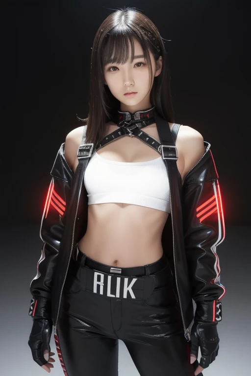 8k, Realistic Skin Texture, Realistic Photo, Neo Tokyo, slim women, large-breast:1.4 cleavage:1.3, AD2050 at night, Dirty hunting jacket, Wearing tube top, miniskirt, (((black sunglasses, automatic rifle, sneakers, cold, shooting pose, very low angle view))), Innovative composition, revenge, cyberpunk, blade runner worldview, Large neon sign, Geisha hologram sign, Strong Wakamoto Sign.