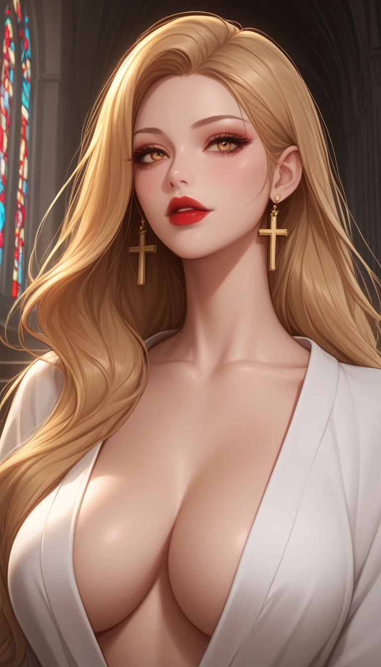 Hot sexy , beautiful,holy saintess,holy robe,holy dress,holy church,cross earrings,golden hair,golden eyes,red lipstick, saintess outfit 