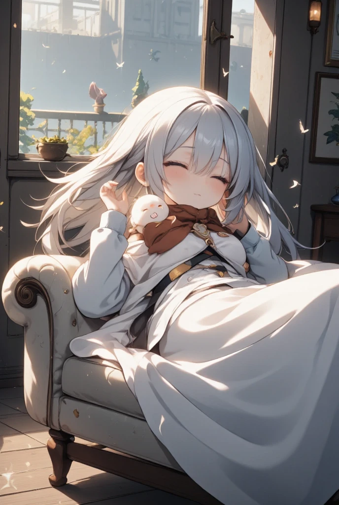 A woman dozing off on the sofa, a cute little demon sitting on her chest and waving with a smile, cute dream-like illustration art, ultra detailed, absolutely resolution, masterpiece