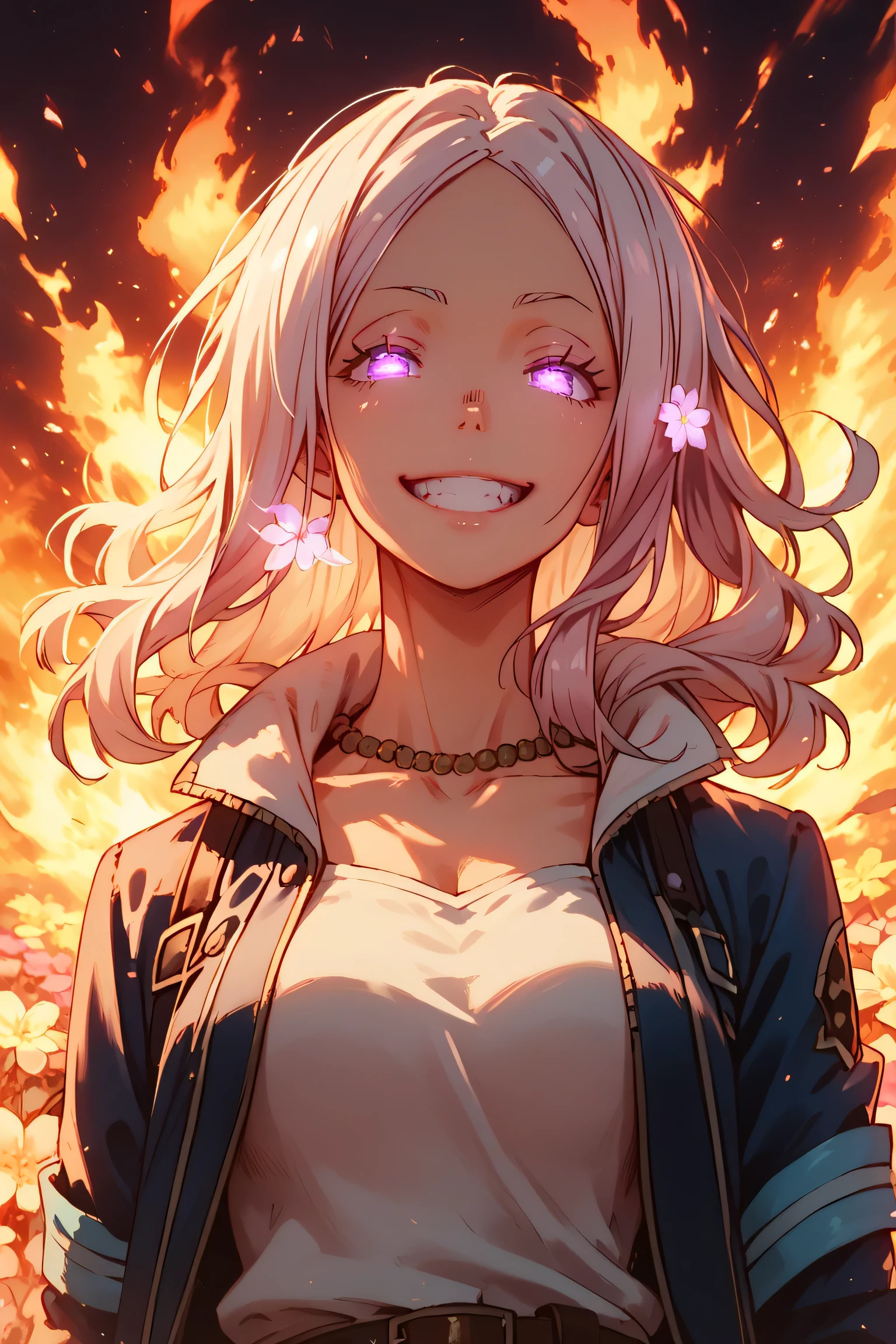 Hibana, 1girl, solo, portrait, upper body, crazy smile, captain outfit, belt, jacket, necklace, glowing eyes, fire flowers, glowing flowers, floating fire, perfect quality, good quality, masterpiece, HDR, UHD 