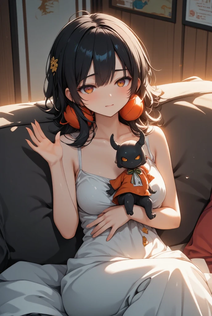 A woman dozing off on the sofa, a cute little demon sitting on her chest and waving with a smile, cute dream-like illustration art, ultra detailed, absolutely resolution, masterpiece