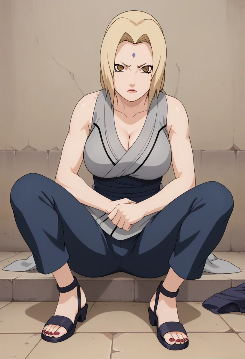 score_9, score_8_ up, score_7_ up,
ツ,  1 girl, Tsunade  (Naruto), ( watching viewers ), Blonde,  Roth Tails, Mark on the forehead,  brown eyes,  Big Breasts , Grey kimono,  sleeveless kimono,  blue pants ,  Sandals,  clevis on a stone, Red nails, 
 Is chest  ,  crooked one leg , 
Serious, Open lips, under your bust , Clenched hands, 
 simple background,  perfect lighting,
