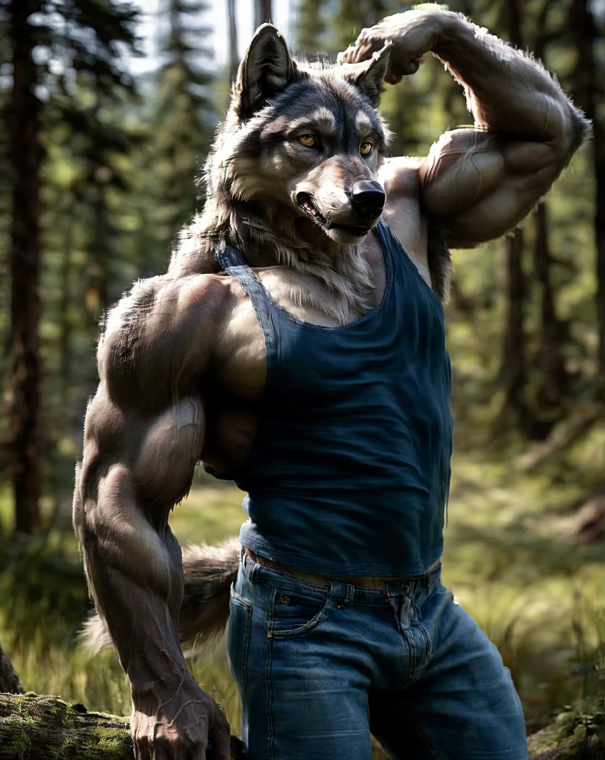 A muscular wolf furry, combining human and wolf anthropomorphic characteristics, with an imposing and charismatic appearance.

characteristics:

Facial features:

Defined face with a determined and confident expression.
Piercing golden yellow eyes.
Sharp snout with a black nose.
Pointed and erect ears, always attentive.
body:

Robust and athletic structure, with well defined muscles in arms, Chest and abdomen.
Broad shoulders and an upright posture.
Short, dense, dark gray fur, with lighter tones on the chest and belly.
Visible and strong claws on hands and feet.
Clothes and accessories:

Black tank top, adjusted to highlight the muscles.
Dark Blue Cargo Pants, resistant and functional.
Black military boots.
Leather belt with a sturdy buckle.
Metal bracelet on the right arm.
context:

natural surroundings, perhaps an open meadow or a clearing in the forest, with a blue sky and some scattered clouds.
Sunlight shining brightly, creating dramatic shadows that highlight the wolf&#39;s musculature.
The wolf is in a dynamic posture, perhaps with one leg forward and arms bent, Ready for action.
Expression and Attitude:

Determined and brave expression, with a slight smile that shows his fangs.
Posture reflects strength and security, suggesting that he is a born leader and protector of his territory.