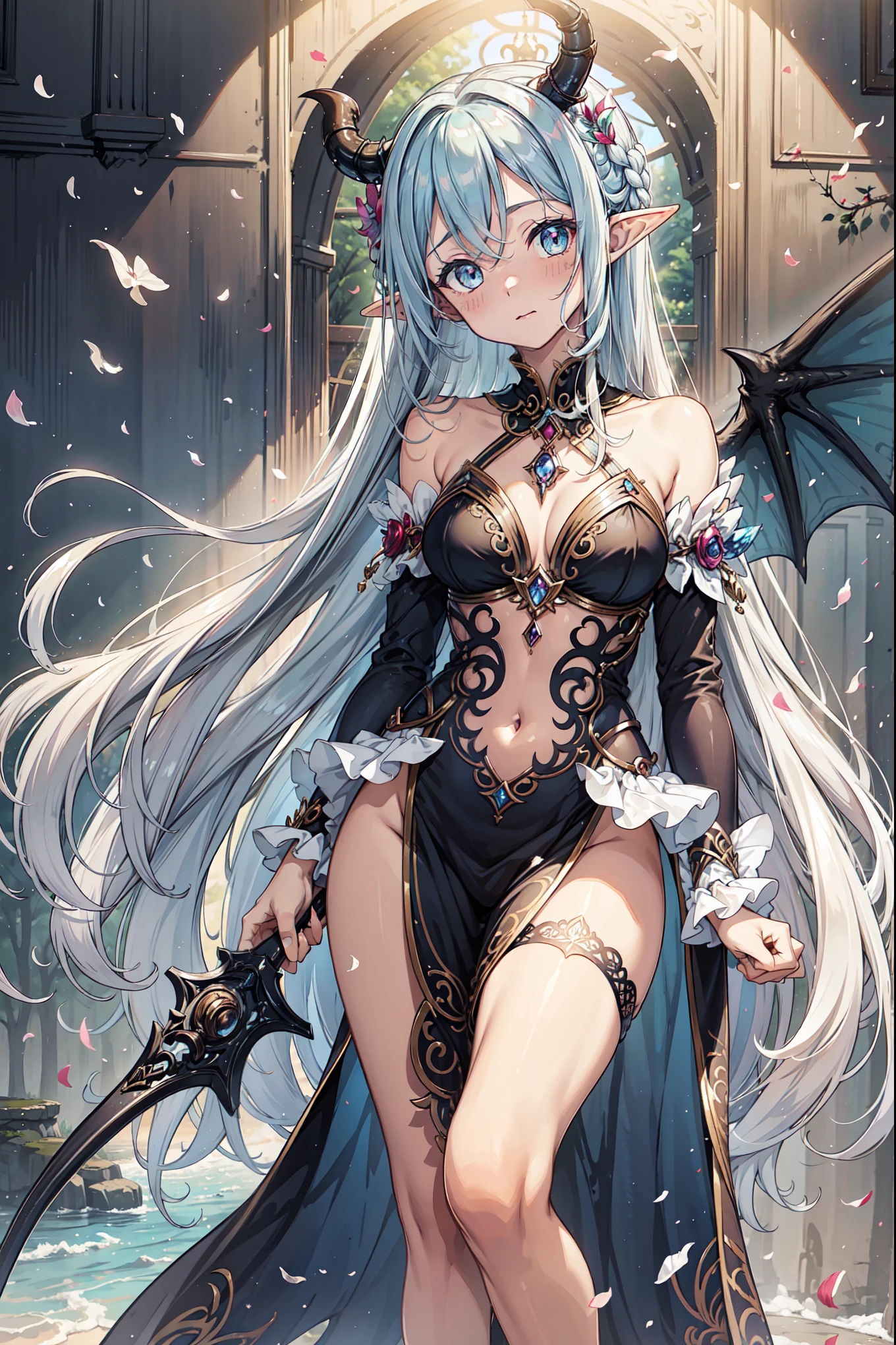 A stunning elf stands, her ethereal beauty enhanced by the delicate ta dress she wears. The dress, a blend of pink and black, features a fluffy skirt that sways with her. Her shoulders remain bare, drawing attention to her graceful neckline. Countless ribbons adorn her attire, each one a testament to her meticulous attention to detail. With an air of elegance and charm, she embodies the enchanting spirit of the elven world, a fusion of elegance and playfulness.