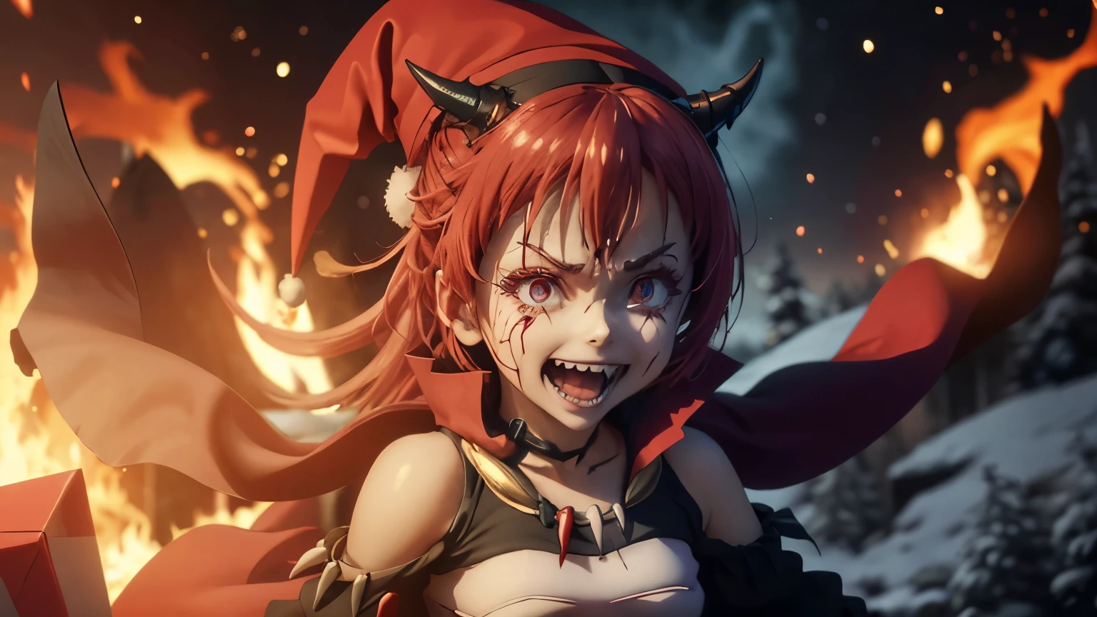 demon milim nava from tensura, evil milim wearing a evil Christmas hat, evil smile, lunatic face, red eyes, laughing open mouse, covered in blood, shark teeths, small breast, small chest, flat chest, dark hell-themed environment, fire, 4k, ultra-detailed, photorealistic, intricate details, warm lighting, snow, Christmas tree, presents, burning forest, magical atmosphere, red lens flare, horror atmosphere