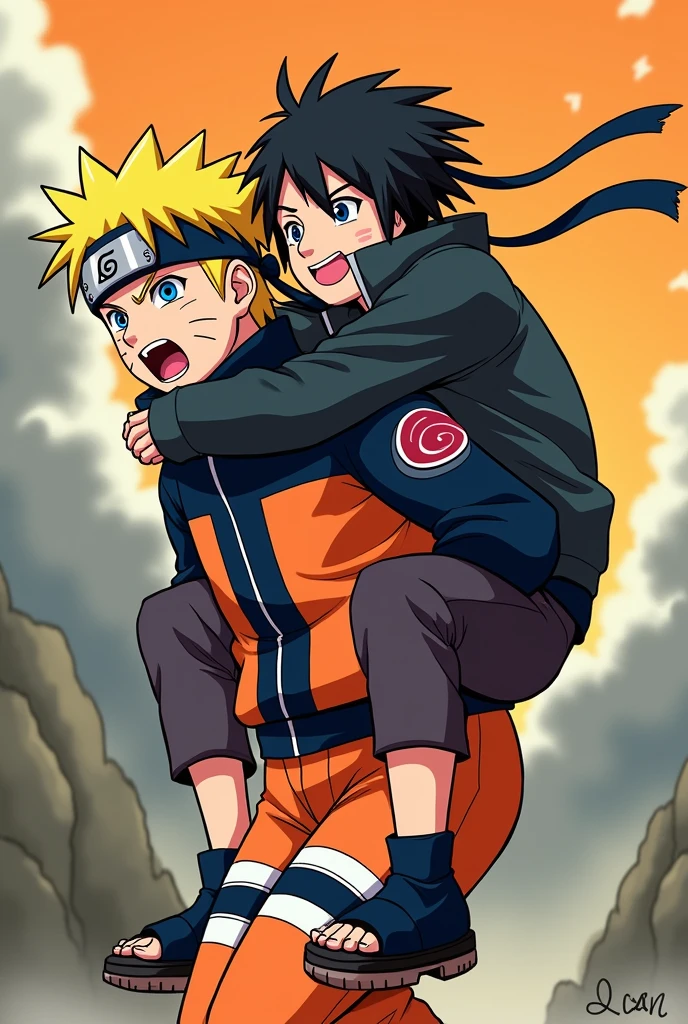 Naruto carrying Satsuki Uchiha on his back