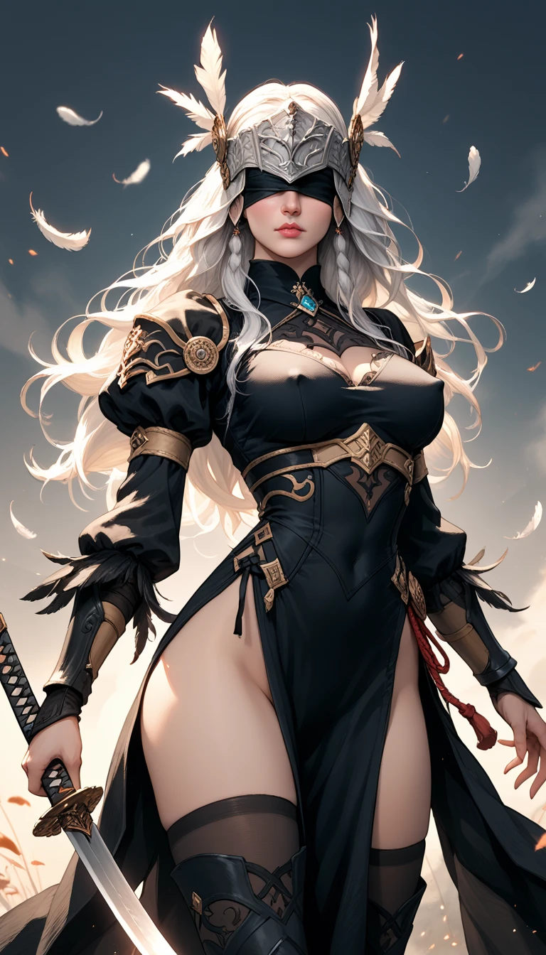 Score_9, score_8_up, score_7_up, source_real, photorealistic;; VPLenneth, 1woman, dynamic expression, long hair, braid, white hair, black blindfold over eyes, erect nipples, (armor), helmet, pelvic curtain, feathers, black dress, feather-trimmed sleeves, stiletto thigh boots, lace trim, long sleeves, holding massive katanas, 2b_outfit;; swinging katana, dynamic action poses