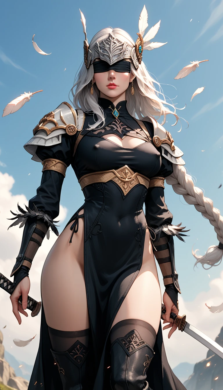 Score_9, score_8_up, score_7_up, source_real, photorealistic;; VPLenneth, 1woman, dynamic expression, long hair, braid, white hair, black blindfold over eyes, erect nipples, (armor), helmet, pelvic curtain, feathers, black dress, feather-trimmed sleeves, stiletto thigh boots, lace trim, long sleeves, holding massive katanas, 2b_outfit;; swinging katana, dynamic action poses