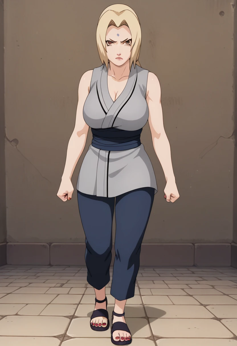 score_9, score_8_ up, score_7_ up,
ツ,  1 girl, Tsunade  (Naruto), ( watching viewers ), Blonde,  Roth Tails, Mark on the forehead,  brown eyes,  Big Breasts , Grey kimono,  sleeveless kimono,  blue pants ,  Sandals,  clevis on a stone, Red nails, 
 Is chest  ,  crooked one leg , 
Serious, Open lips, under your bust , Clenched hands, 
 simple background,  perfect lighting, standing, perfect body, perfect Hips, beautiful legs, beautiful body 
