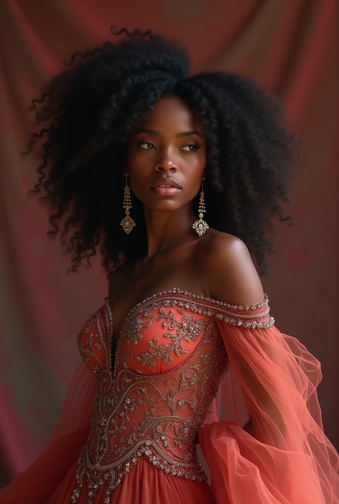 very very beautiful woman, striking look, seducing gaze, very long hair, very curly hair, slim, Bullish, red puffy dress, long robe, queen dress, dainty, brown skin, black eyes, body jewelry, necklase, bracelet, Pombagira, maria padilha