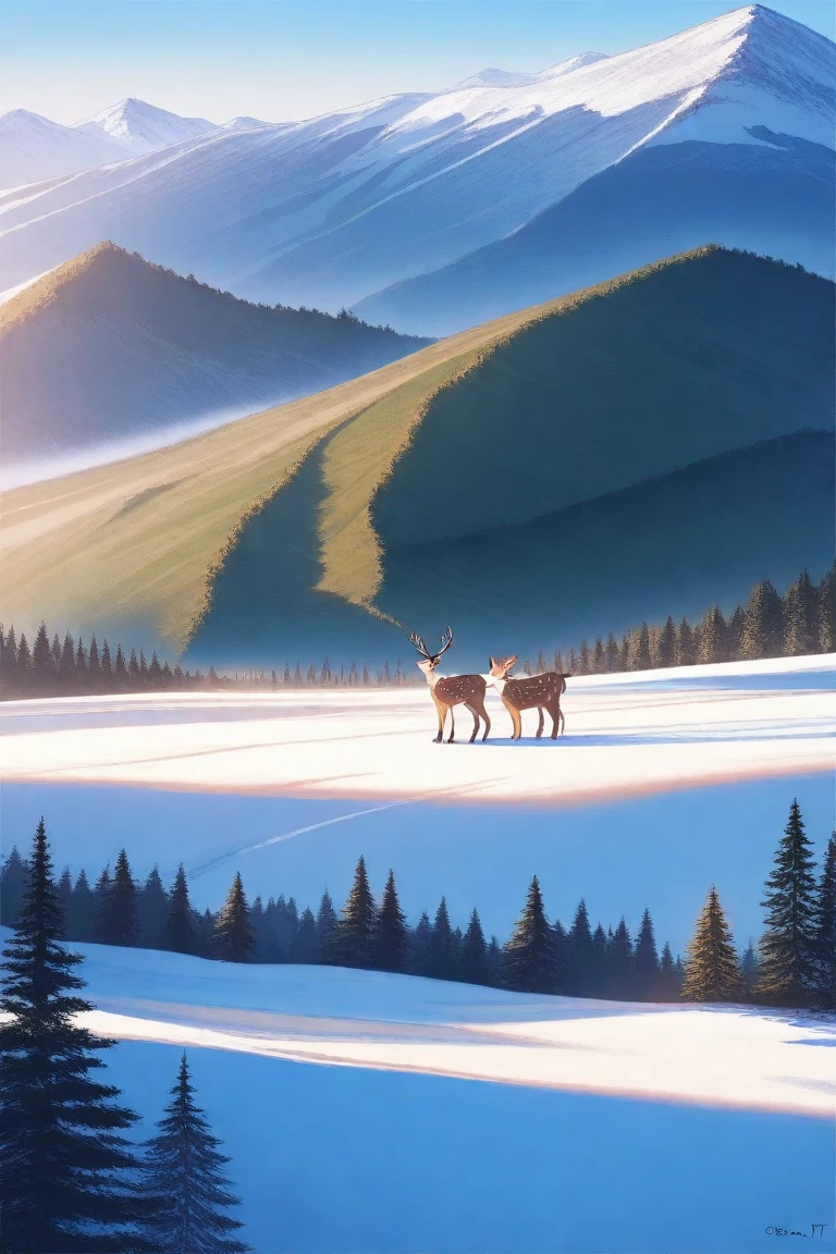 Mountain,hill,Hardwood,Deer couple,nature,blue sky,