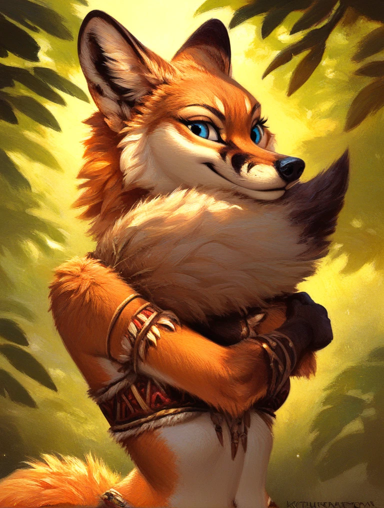 score_9, score_8_up, score_7_up, source_furry, rating_safe, by kenket, anthro, solo, female, wolf, fullbody portrait, black feet, orange body, blue eyes, fox, tribal, bikini, gold trim, gold clothing, hugging tree
