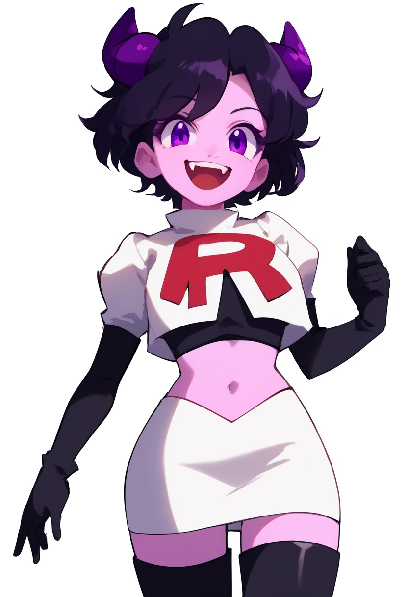 jellybean_yt, solo, looking at viewer, smile, short hair, open mouth, black hair, 1girl, white background, purple eyes, female focus, horns, teeth, colored skin, fangs, team rocket,team rocket uniform,white skirt,red letter R,crop top,black thigh-highs,black elbow gloves, source