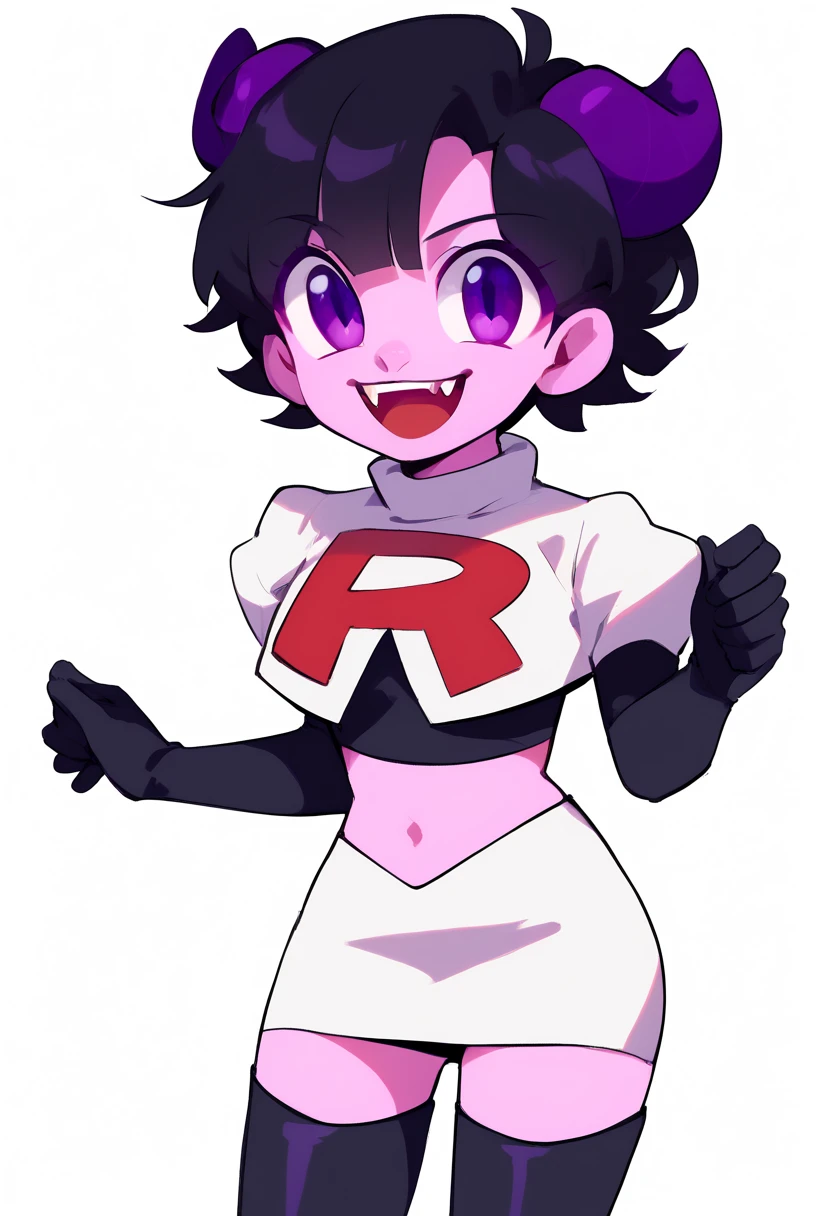 jellybean_yt, solo, looking at viewer, smile, short hair, open mouth, black hair, 1girl, white background, purple eyes, female focus, horns, teeth, colored skin, fangs, team rocket,team rocket uniform,white skirt,red letter R,crop top,black thigh-highs,black elbow gloves, source