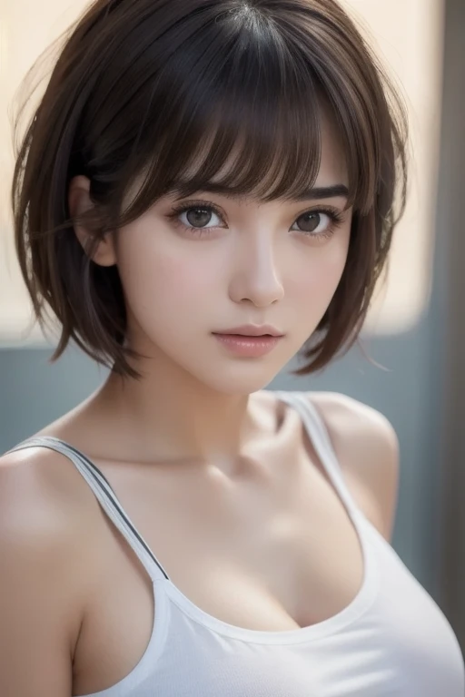 T-Shirts,  comments, , ( photorealistic :1.4), ( top quality :1.0), ( super high res:1.0), 8k,  RAW photos , (masterpiece:0.2), , Did G,  One girl ,  detailed skin,  viewers,  brown eyes, ( short hair with bangs:1.2), ( Big Breasts :1.0), ( big areolas:0.8), , ( pureerosface_v1:0.5)