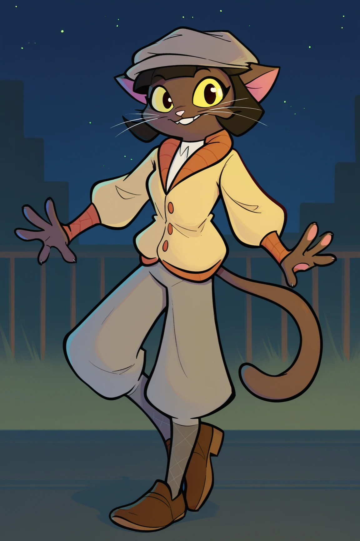 score_9, score_8_up, solo, 1girl, ovypep, cabbie hat, looking at viewer, plaid socks, brown shoes, grey pants, white shirt, yellow cardigan, smile, standing, night, dark, dark skin, anthro cat, whiskers