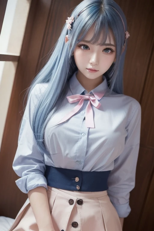 Highest quality、Highest quality、16k quality、Highly detailed figure、Highly detailed face、Highly detailed eyes、Highly detailed nose、Highly detailed facial expressions、Highly detailed costume、Highly detailed hourglass shape、Highly detailed feet、Highly detailed thighs、Being in reality、16-year-old girl、Light blue hair、Twin tails、Noel Silva、main character、、He wears a long white chemist&#39;s lab coat, unbuttoned、You can see the shape of the chest、E Cup、Wearing a brown belt、Purple inner lining is visible、Folds、Purple Very Short Skirt、A long white skirt on top、Only the front is cut、White tights、Close to the skin、Tight、Full body photo、Are standing、Emphasizes the beauty of thigh muscles、Full body photo、Front view、