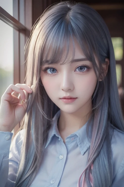 (  Details beautiful eyes and   Details face, masterpiece side light, masterpiece,  top quality ,   Details,  high resolution illustration ), ( 1 girl,  beautiful girls,  pubic skin,  Look Down,  viewers), (  long sky blue hair , pink eye,  skirt, ribbon,  button down shirt) 45 degrees,  top view ,   sideways, (Hand Details )