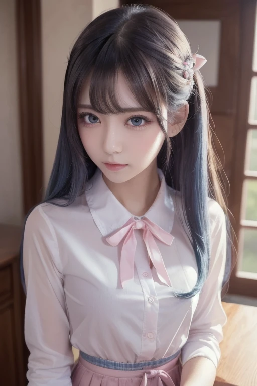 1girl, twintails, multicolored hair, hair over one eye, x hair ornament, hair ornament, blue eyes, blue hair, smile, bow, pink hair, blonde hair, solo, looking at viewer, yellow bow, indoors, heart, makeup, skirt, selfie, phone, dress, teeth, hairclip, monitor, reaching towards viewer, long hair, bangs, short sleeves, pink nails, bowtie, suspenders, yellow bowtie, hair tie, open mouth, computer, stuffed toy, sitting, shirt, livestream, belt, quad tails, pill, v,sparkle,violet lighting,,the most beautiful form of chaos, elegant, a brutalist designed, vivid colours, romanticism, atmospheric, (RAW photo, best quality), (realistic, photo-realistic:1.3), masterpiece, an extremely delicate and beautiful, extremely detailed,, (floating colorful {wind|water magic|ink|crystals|fire|ice|flame|lightning|web|rocks|sand|particles|sparkles|blood}:1),