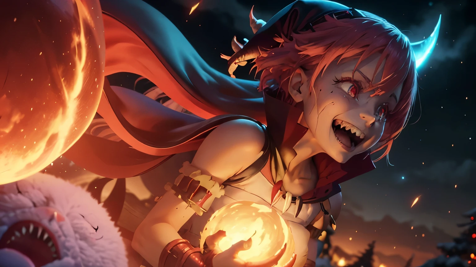 demon milim nava from tensura, evil milim wearing a evil Christmas hat, evil smile, lunatic face, red eyes, laughing open mouse, covered in blood, shark teeths, small breast, small chest, flat chest, dark hell-themed environment, fire, 4k, ultra-detailed, photorealistic, intricate details, warm lighting, snow, Christmas tree, presents, burning forest, magical atmosphere, red lens flare, horror atmosphere, many skeletons hanging