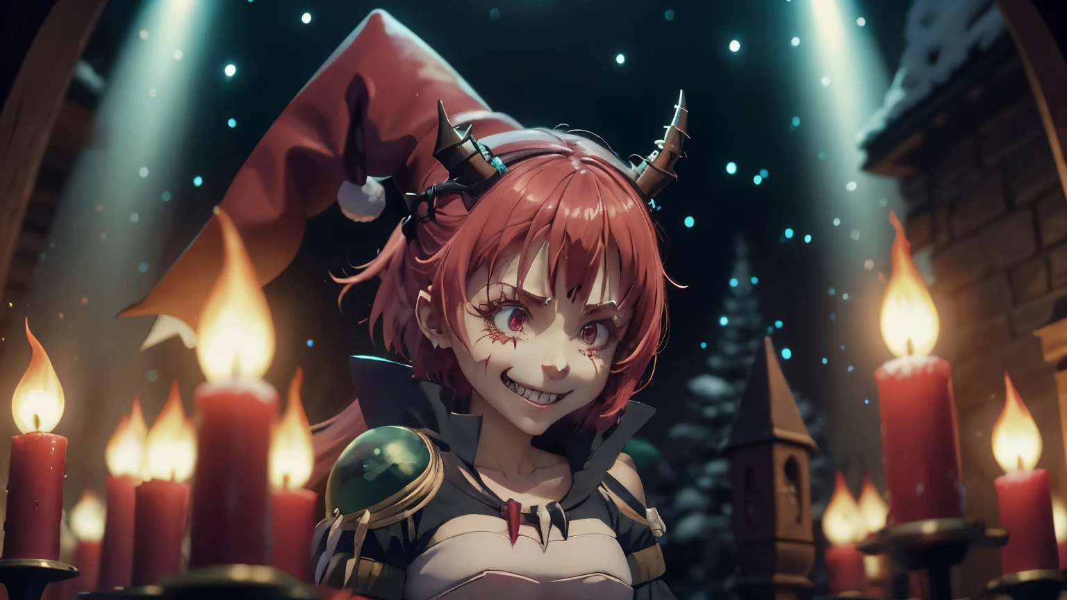 demon milim nava from tensura, evil milim wearing a evil Christmas hat, evil smile, lunatic face, red eyes, laughing open mouse, covered in blood, shark teeths, small breast, small chest, flat chest, dark hell-themed environment, fire, 4k, ultra-detailed, photorealistic, intricate details, warm lighting, snow, Christmas tree, presents, burning forest, magical atmosphere, red lens flare, horror atmosphere, many skeletons hanging