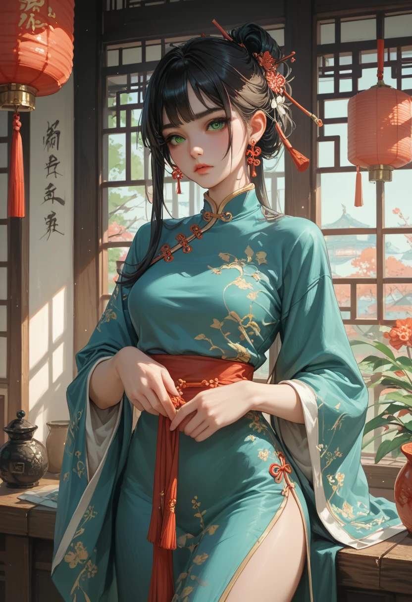  dark hair to the waist,  green eyes , pretty face ,  traditional Chinese clothing ,  inside a Chinese courtyard .
