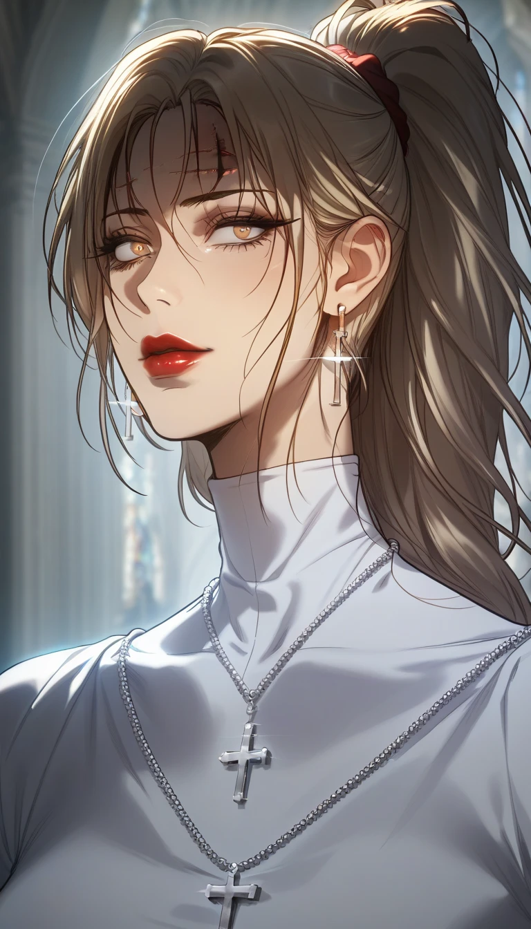 Hot sexy , beautiful,holy sister, holy dress,holy church,cross earrings,golden hair,golden eyes,red lipstick,holy sister outfit,scar on left eye and lips, ponytail,badass