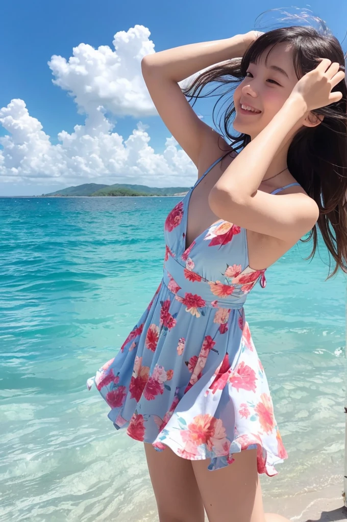 (Best-quality, Masterpiece, Ultra-High-Resolution, (Photorealistic:1.4), Raw Photo, depth of field, professional lighting, perfect anatomy, extremely details), 1girl, 15-years-old, the most famous Japanese idol, (wearing summer-dress with beautiful-design), having lots of fun at summer beach, (extremely cute face like the most popular Japanese idol), ((extremely cute and extremely big realistic-eyes)), (extremely beautiful hair), (((extremely beautiful and extremely realistic skins))), extremely beautiful body, dynamic pose, looking at viewer, innocent smile, ((detailed summer-beach)), ((detailed summer-dress-with-beautiful-design))