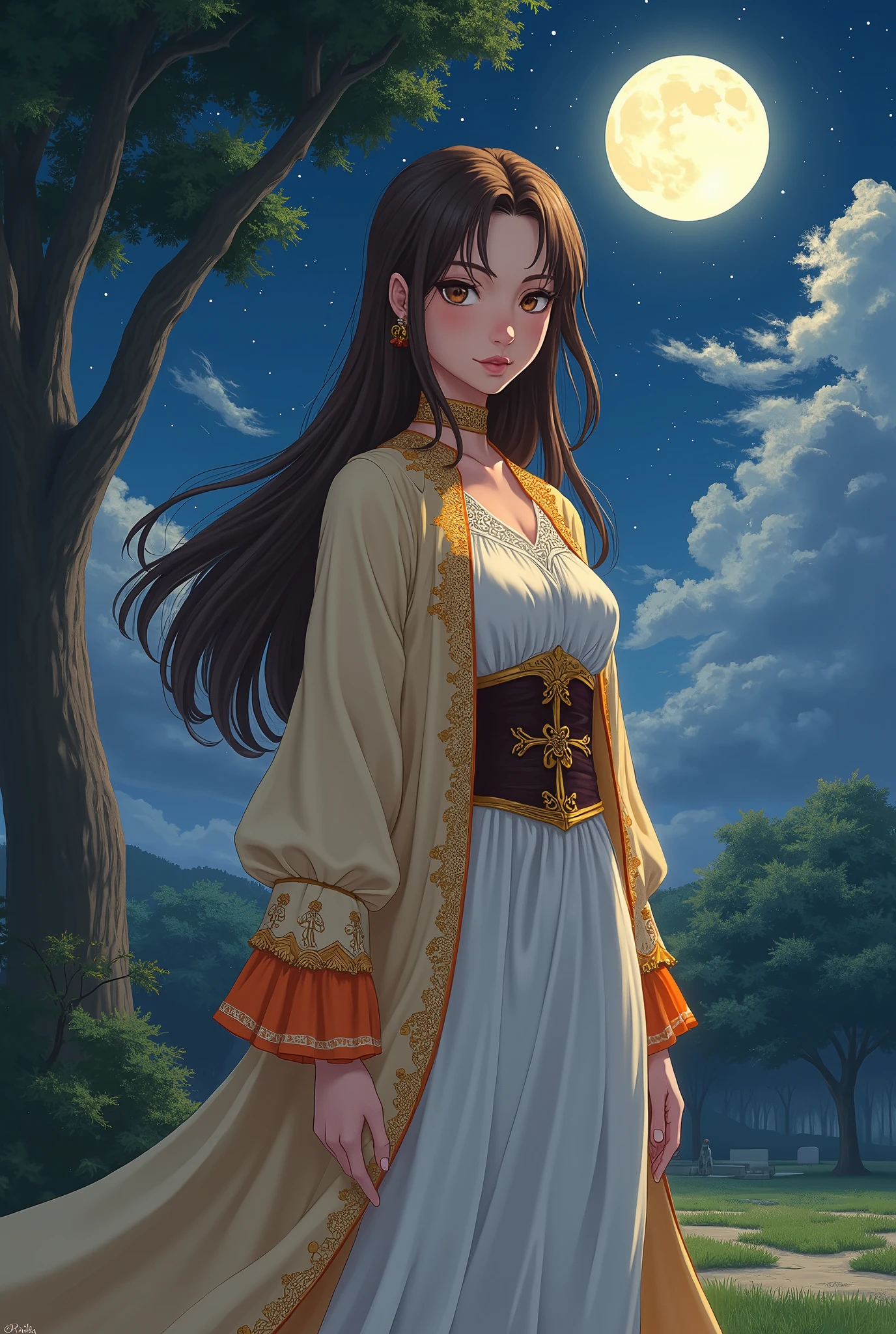  Anime Villain in her 20s .  Her facial features are orthodox . Her hair is brown and straight 、 beautiful brown eyes,  pink lips, She is wearing a long light gold cloak, She wears a dark brown belt with gold detailing, The inner sleeves of her tunic are white with orange decoration.  she wears a gold bracelet , Painting, sketch, ( Photorealism :1.2), night,  Beautiful Starry Sky,  moonlight, Shining Star, Shining Star, Flowing Clouds, Large tree, Grass Square, 



