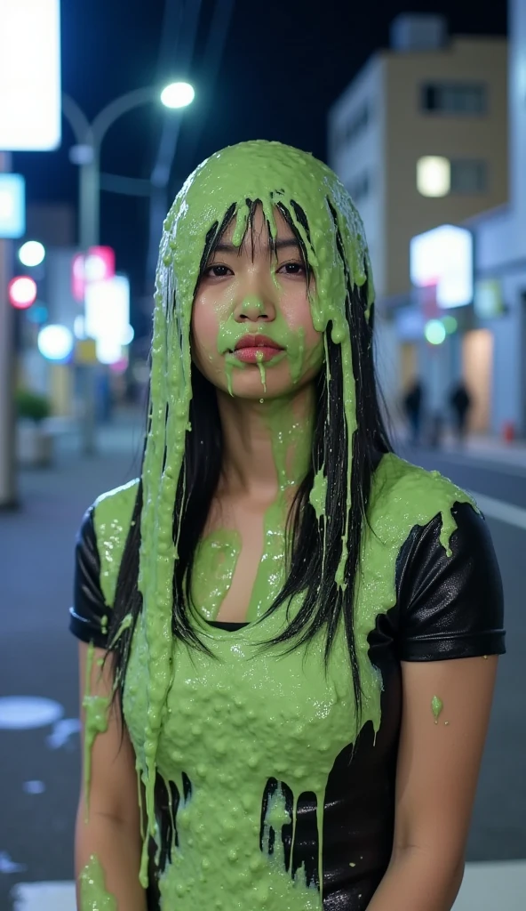 Amateur photograph. Korean teen covered in green water. Photorealistic. Wet liquid. Nasty slime. Raw photo. (Wearing maid uniform: 1.1). Cleavage. outside Tokyo. Nighttime. Bokeh. Green Slime. Dripping green goo. 18 years old. Wet green liquid. Snap and shoot photograph. Slight over exposure. Flash photography. Korean girl. (Korean girl: 1.1). Black hair.